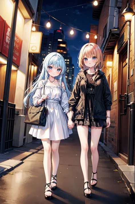 A medium shot of a beautiful young woman and her sister even more impressive. The two are together holding hands strolling down ...