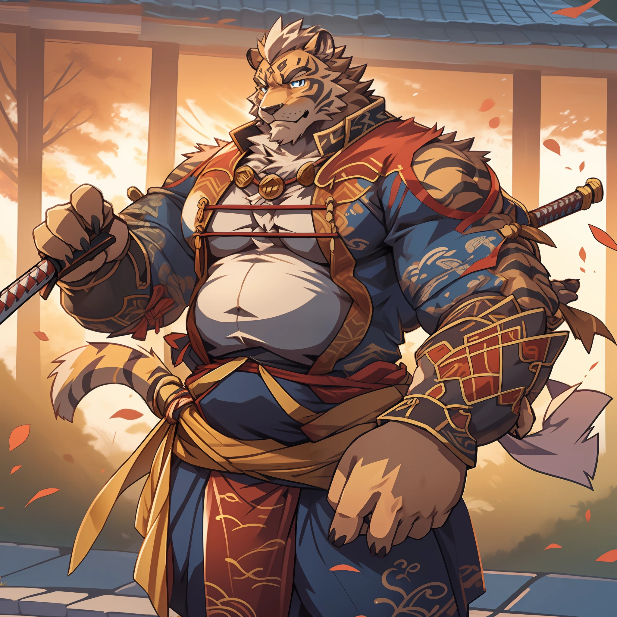 Lin Hu，musculature，tit，Fat Chubby，Wear a katana，potbelly，Plump and firm，Huge protrusions on the lower body，Wear a katana，Samurai style，carrying swords on his back，Katana on his back，Pinch your waist with your hands，Five fingers