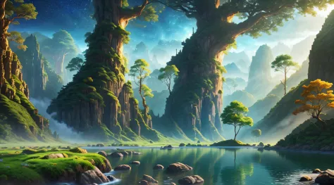 Illustration of a hyperrealistic , otherworldly, ultrasky scene featuring a giant crystal tree full body,very detailed and magical lighting, intricate forest details, vegetation and river around, solarpunk ,landscape, giant tree, beatifull leafy with beaut...