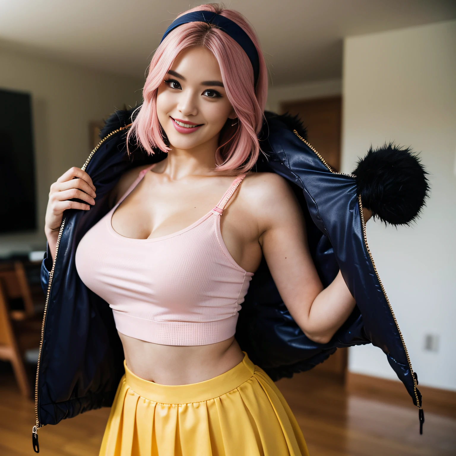 beautiful 18 year old woman, wearing (( extremely tight navy blue silk puffer coat )),   smiling,  masterpiece,  best quality, ulzzang, best face, massive file size, perfect body, perfect face, full body picture (dyed pink hair), red silk bra, large breasts,yellow  silk skater pleated skirt, bob hair, hairband