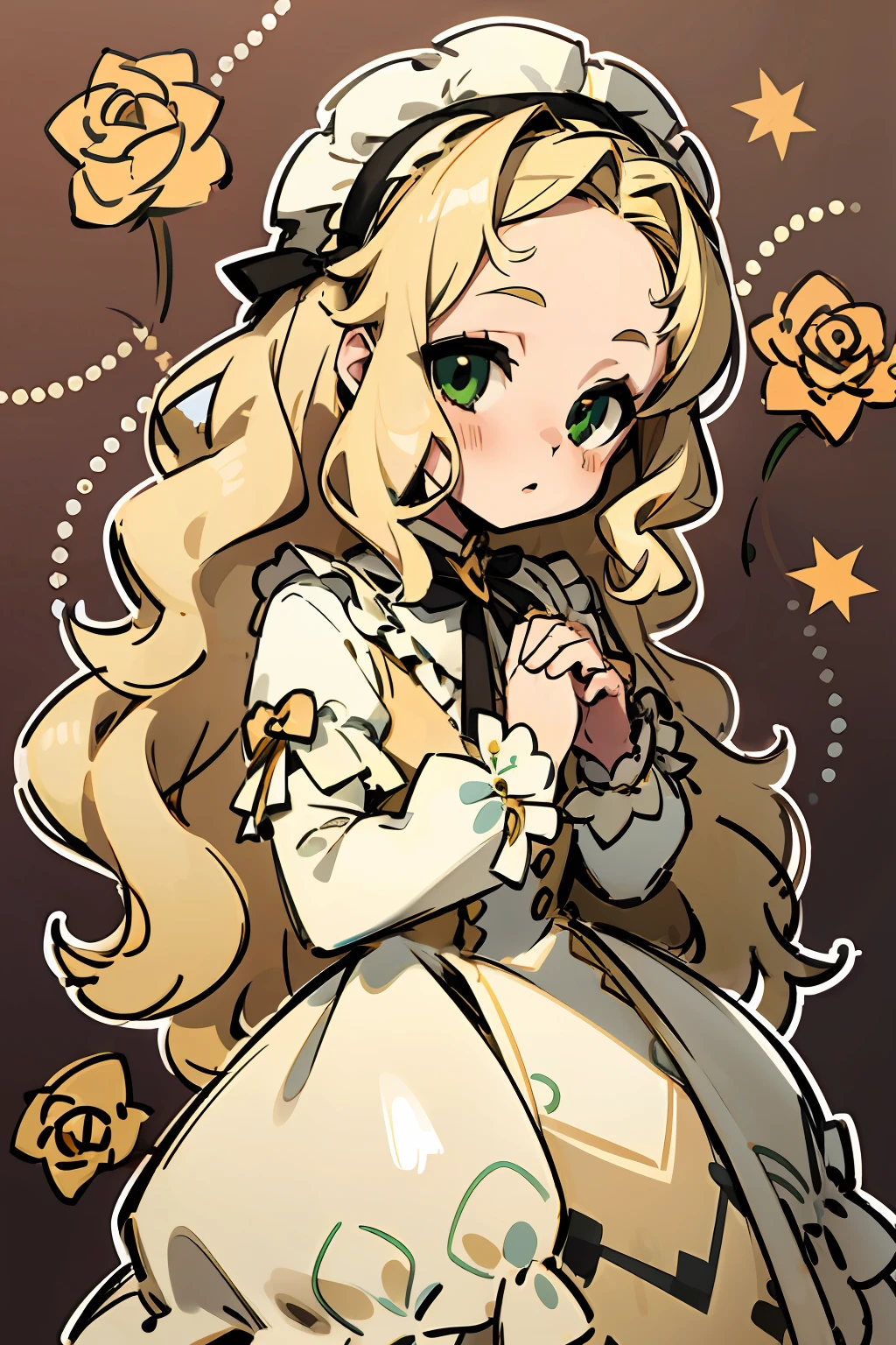 1girl, loli, Green eyes, blonde hair, forehead, (Wavy Hair), Long hair, headband, pearls, beige dress, ((Lolita Dress)), Bows, frilld, White roses, ((thick outlines)), ((white outlines)), (Sketch)