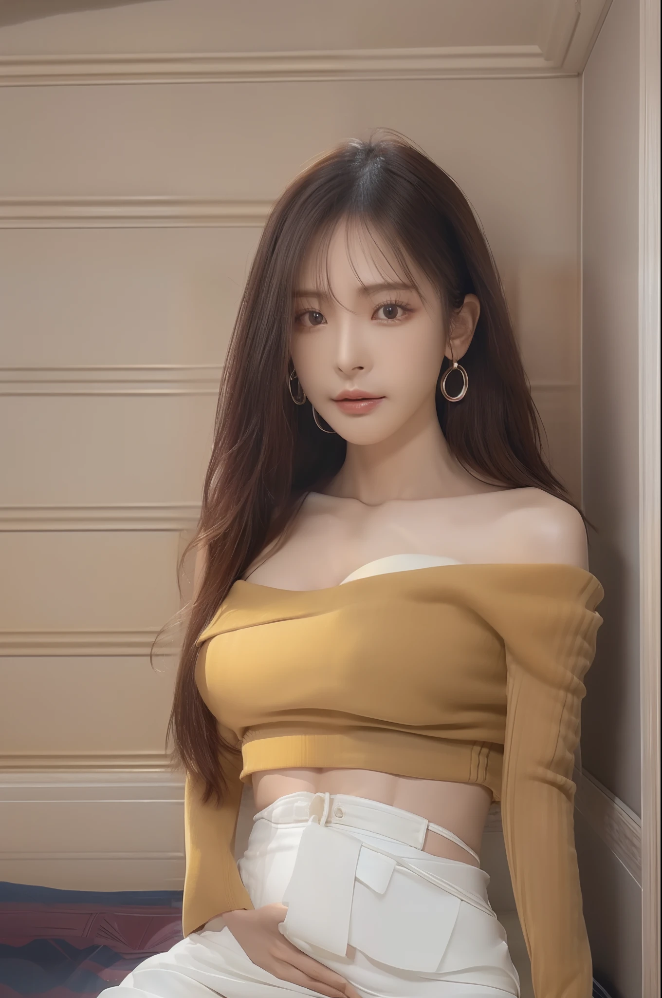 NSFW，best qualtiy，tmasterpiece，Ultra-high resolution，(Photoreal:1.3)，8K，RAW photos，1girll，exteriors，Balenciaga models， (off-shoulder sweater, Crop tops, long-sleeves sweater), wearing a white skirt，gigantic cleavage breasts，full bodyesbian，Photoshop，Fashionab，minimalistic background，Natural skin texture，Playboy model，Natural skin texture，dynamicposes，filmgrain，Expose cleavage，revealing breasts，full bodyesbian，looks into camera，Full body photo