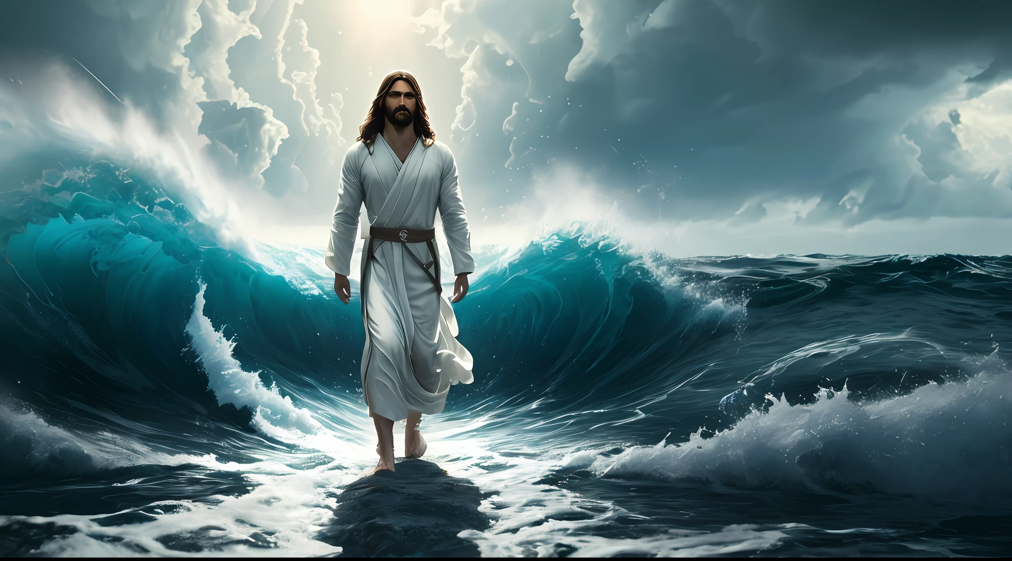 jesus walking on water in a storm, masterpiece, best quality, high quality, extremely detailed CG unit 8k wallpaper, award winning photography, Bokeh, Depth of Field, HDR, bloom, Chromatic aberration, photorealistic, extremely detailed, trending on artstation, trending on CGsociety, intricate, high detail, dramatic, mid-journey art, volumetric lighting