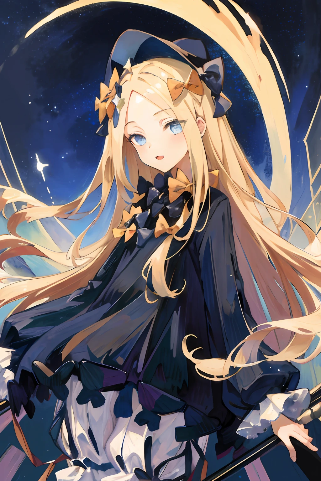 ((masterpiece:1.2, best quality)), 1girl, solo, hmaw1, long hair, hat, black dress, long sleeve, black sleeves, white bloomers, blonde hair, aurora, night, star (sky), sky, night sky, open mouth, starry sky, blue eyes, ribbon, very long hair, smile, (bird), magic,, dark clouds, night, (impressionism:1.4), (tarot:1.3), alphonse mucha