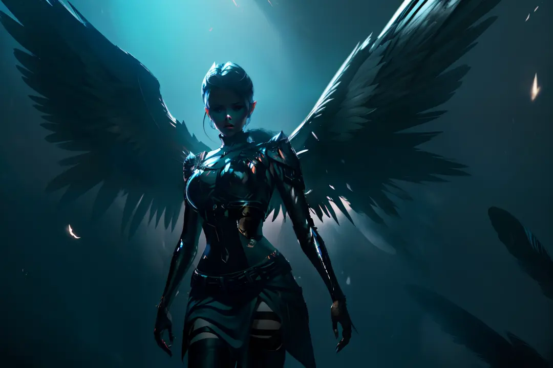 create a 3d scene of a fallen angel with piercing eyes and broken wings, enveloped in shadows and surrounded by a mysterious aur...