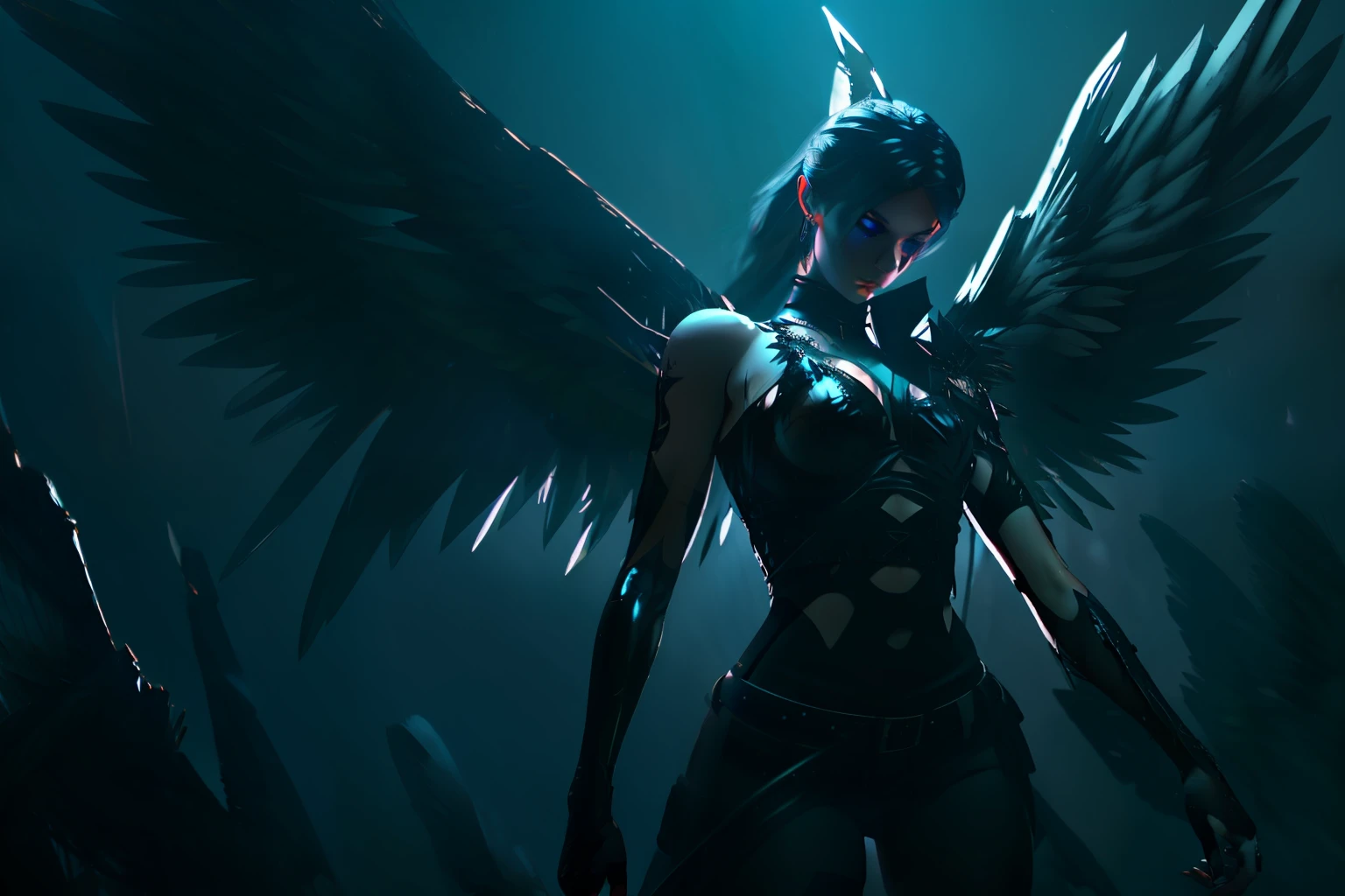 Create a 3D scene of a fallen angel with piercing eyes and broken wings, enveloped in shadows and surrounded by a mysterious aura. Use high-quality techniques to achieve an exceptional level of detail in the image.