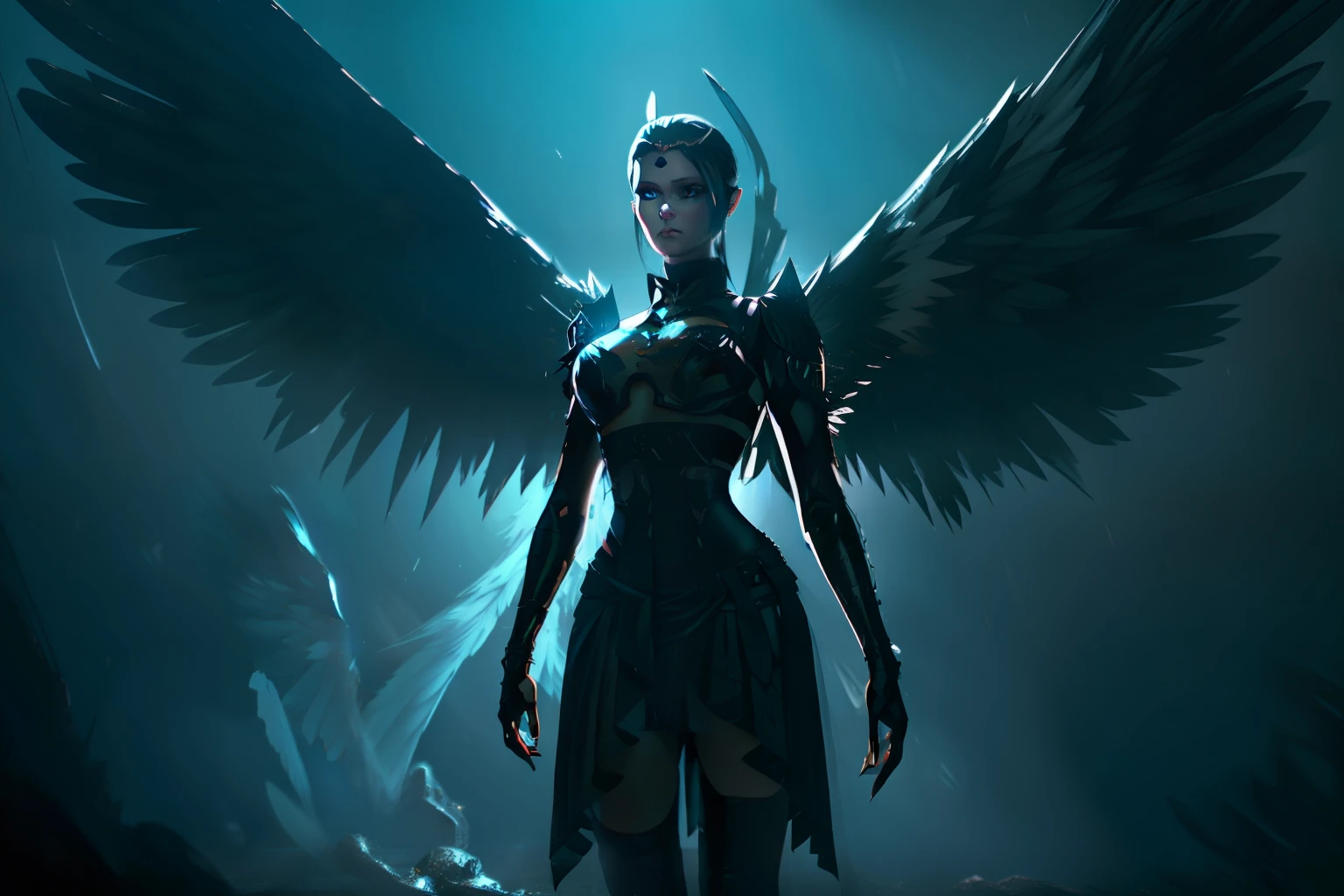 Create a 3D scene of a fallen angel with piercing eyes and broken wings, enveloped in shadows and surrounded by a mysterious aura. Use high-quality techniques to achieve an exceptional level of detail in the image.