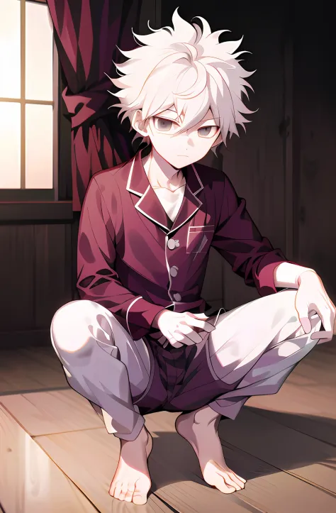 anime - style image of a man in a white suit kneeling on a wooden floor, nagito komaeda, killua zoldyck portrait, nagito komaeda...