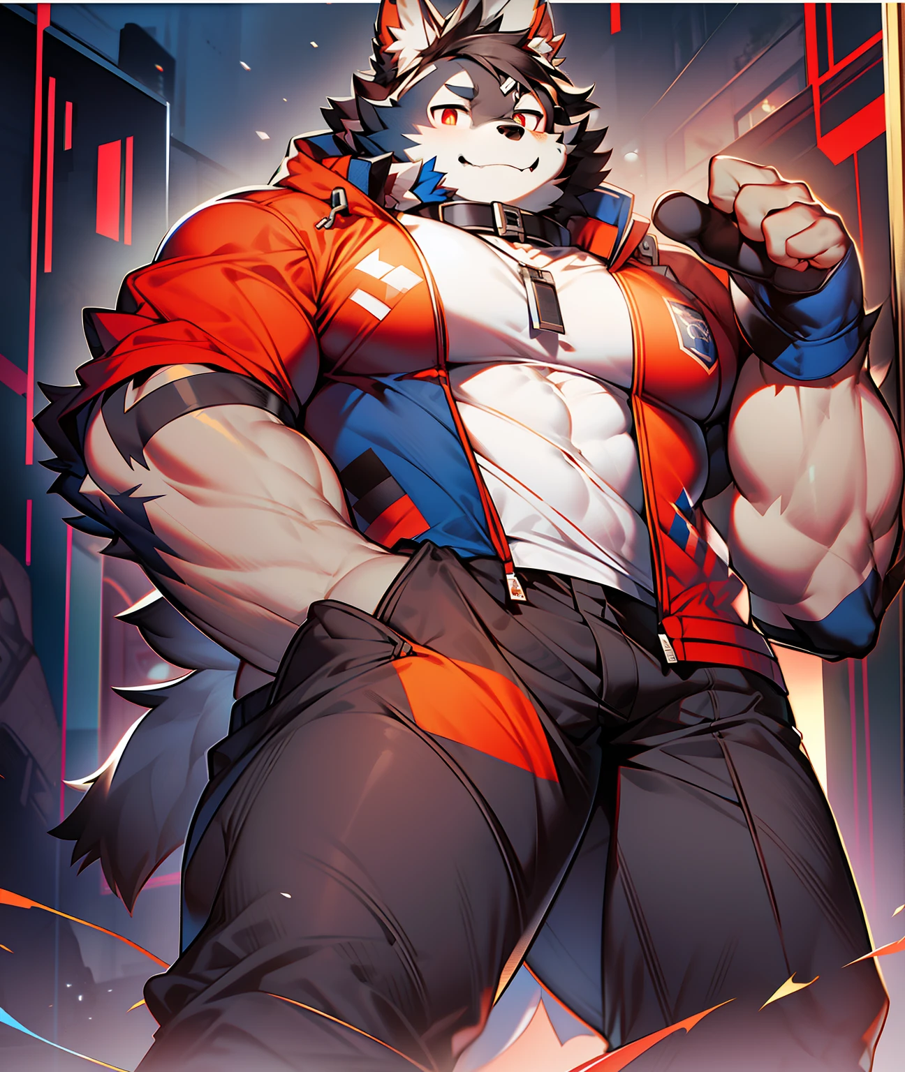 coyote，Furry，Blue pattern，Black hair，musculature，Muscle men，nakeness，Strong，ultraclear，Has a large ，Collar，Black  shorts，Black sclera，red pupils，Abs，Red coat，Heterochromic pupils，The erection，Collar，Has a large ，der riese，tit，Solo，Stout arms，Storm jacket，hold fists，Badge