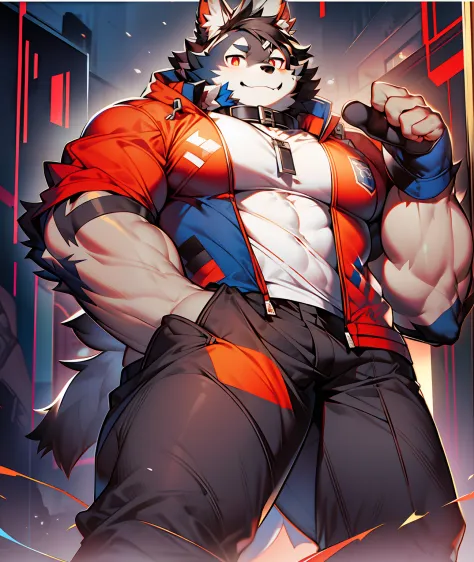 coyote，furry，blue pattern，black hair，musculature，muscle men，nakeness，strong，ultraclear，has a large ，collar，black  shorts，black s...