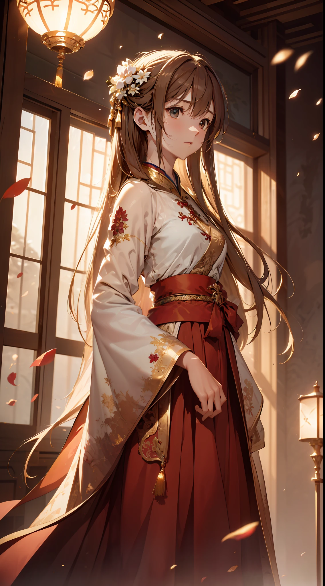 best quality, masterpiece, highres, (exquisite body:1.5),gorgeous face,(milky skin:1.3),intricate details,high resolution,wallpaper,
1girl, solo, dress, hair ornament, (((gold and red dress))), flowers, long hair, brown hair, closed mouth, jewelry, long sleeves, hand up, wide sleeves, big eyes,floating hair, chinese clothes, hanfu, embroidery, long skirt, natural pose, falling petals, indoor,fanning, lantern,
16K,HDR,highres,depth field,(film grain:1.1),boken,golden hour,(lens flare),vignette,rainbowing,(color grading:1.5)