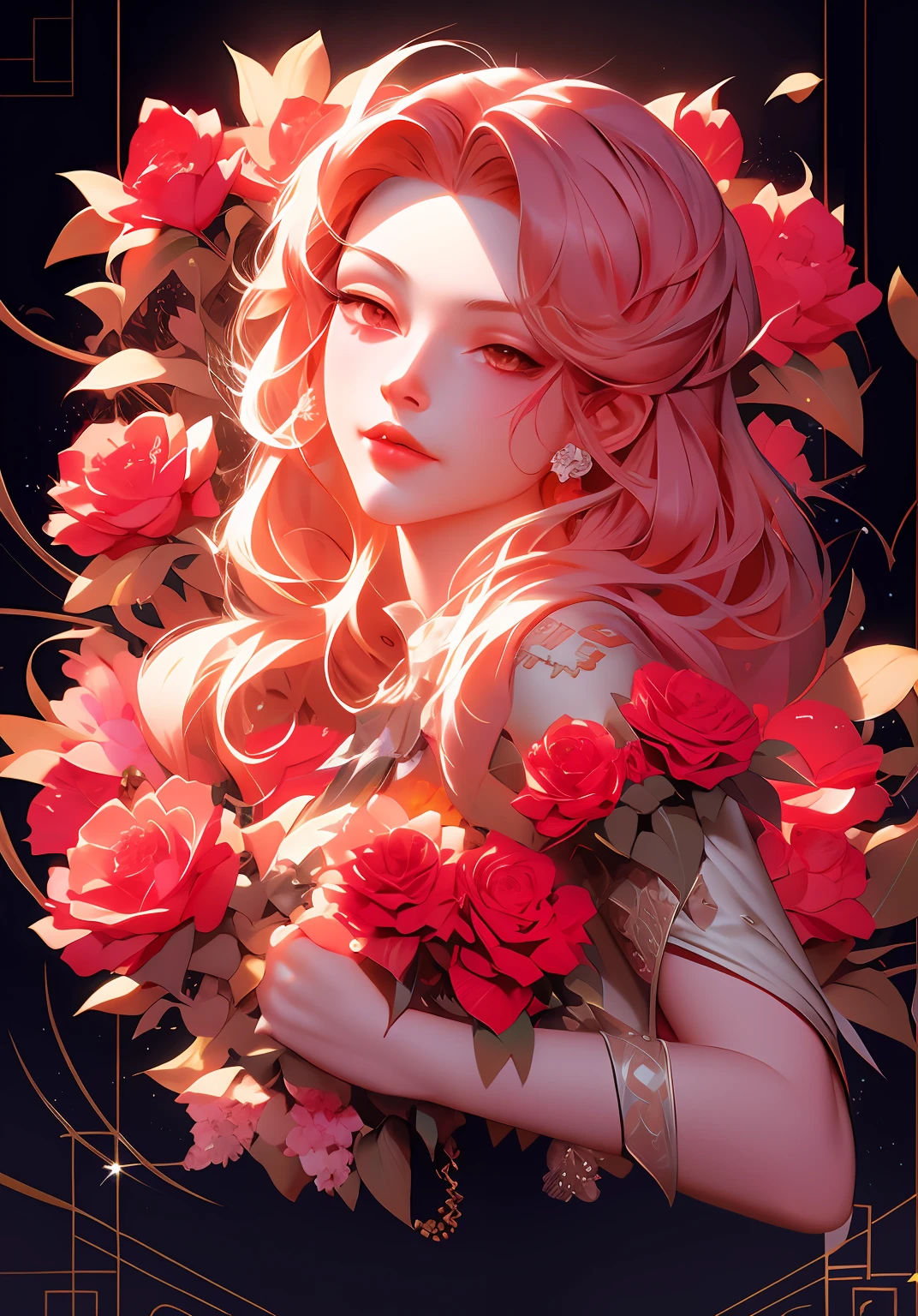 anime girl with red hair and a red dress holding a flower, charlie bowater art style, a beautiful artwork illustration, in the art style of bowater, neoartcore and charlie bowater, loish art style, digital anime illustration, jen bartel, beautiful digital illustration, anime fantasy illustration, in style of charlie bowater, detailed fanart,, exquisite line art, exquisite digital illustration, detailed digital drawing, black and white coloring, digital anime illustration, a beautiful artwork illustration, detailed matte fantasy portrait, beautiful line art, great digital art with details, goddess. extremely high detail, 4k detailed digital art, stunning digital illustration, digital fantasy illustration,((Best quality)), ((masterpiece)), (detailed:1.4), 3D, an image of a beautiful female,HDR (High Dynamic Range),Ray Tracing,NVIDIA RTX,Super-Resolution,Unreal 5,Subsurface scattering,PBR Texturing,Post-processing,Anisotropic Filtering,Depth-of-field,Maximum clarity and sharpness,Multi-layered textures,Albedo and Specular maps,Surface shading,Accurate simulation of light-material interaction,Perfect proportions,Octane Render,Two-tone lighting,Wide aperture,Low ISO,White balance,Rule of thirds,8K RAW