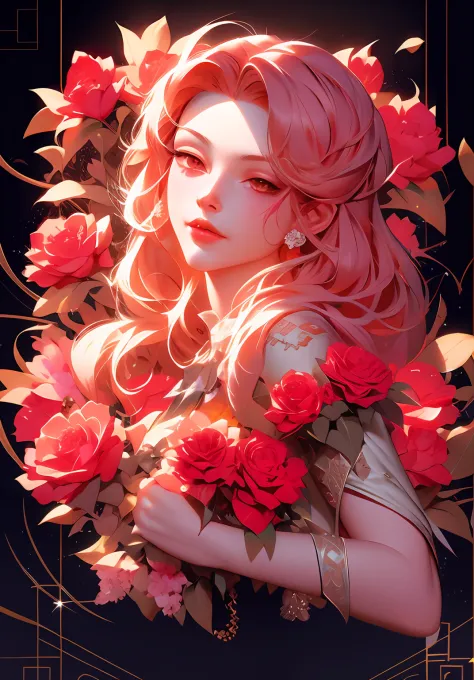 anime girl with red hair and a red dress holding a flower, charlie bowater art style, a beautiful artwork illustration, in the a...