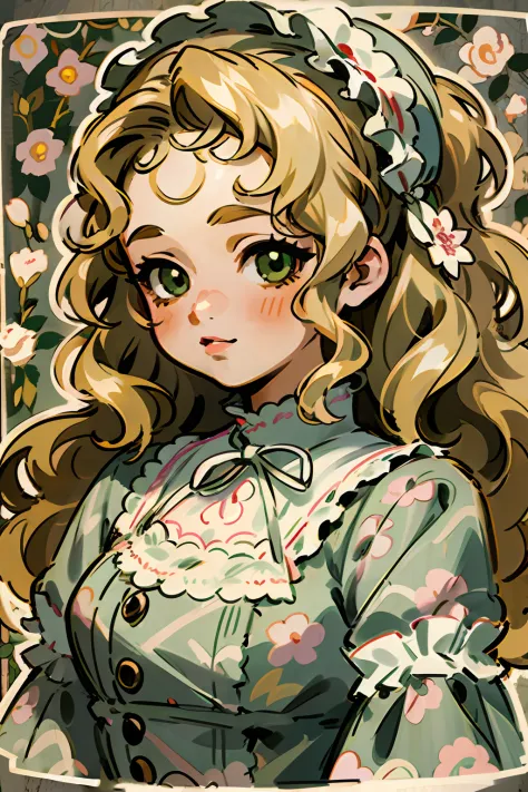 1girl, loli, Green eyes, blonde hair, forehead, (Wavy Hair), Long hair, headband, pearls, beige dress, ((Lolita Dress)), ((flora...