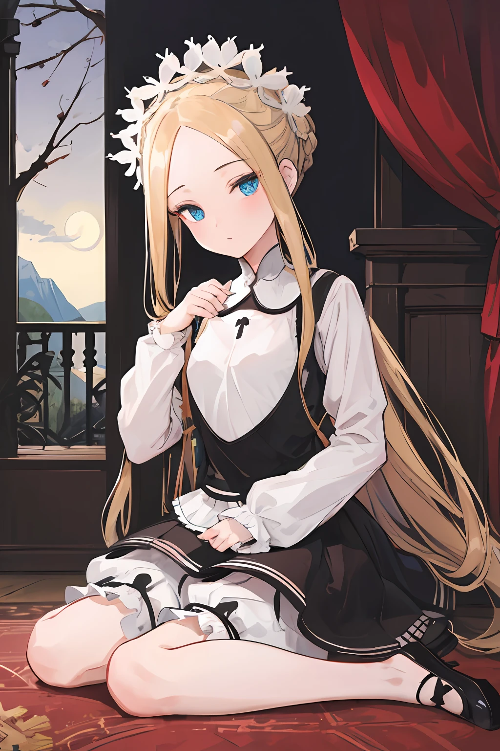 (best quality:1.3),(masterpiece:1.1),(illustration:1.2),(ultra-detailed:1.2),beautiful detailed eyes,(Gothic:1.2), hmaw5, braid, maid headdress, maid, white shirt, bloomers, sleeves past wrists, (Extremely detailed background:1.1),(forest:1.2),(mountain), night, moon,castle on the distant mountain,
(1girl in Balcony:1.4),Balustrades on balcony,(wariza:1.2),(sitting:1.3)
(1girl:1.3),(solo:1.3),,(long hair:1.1),full body