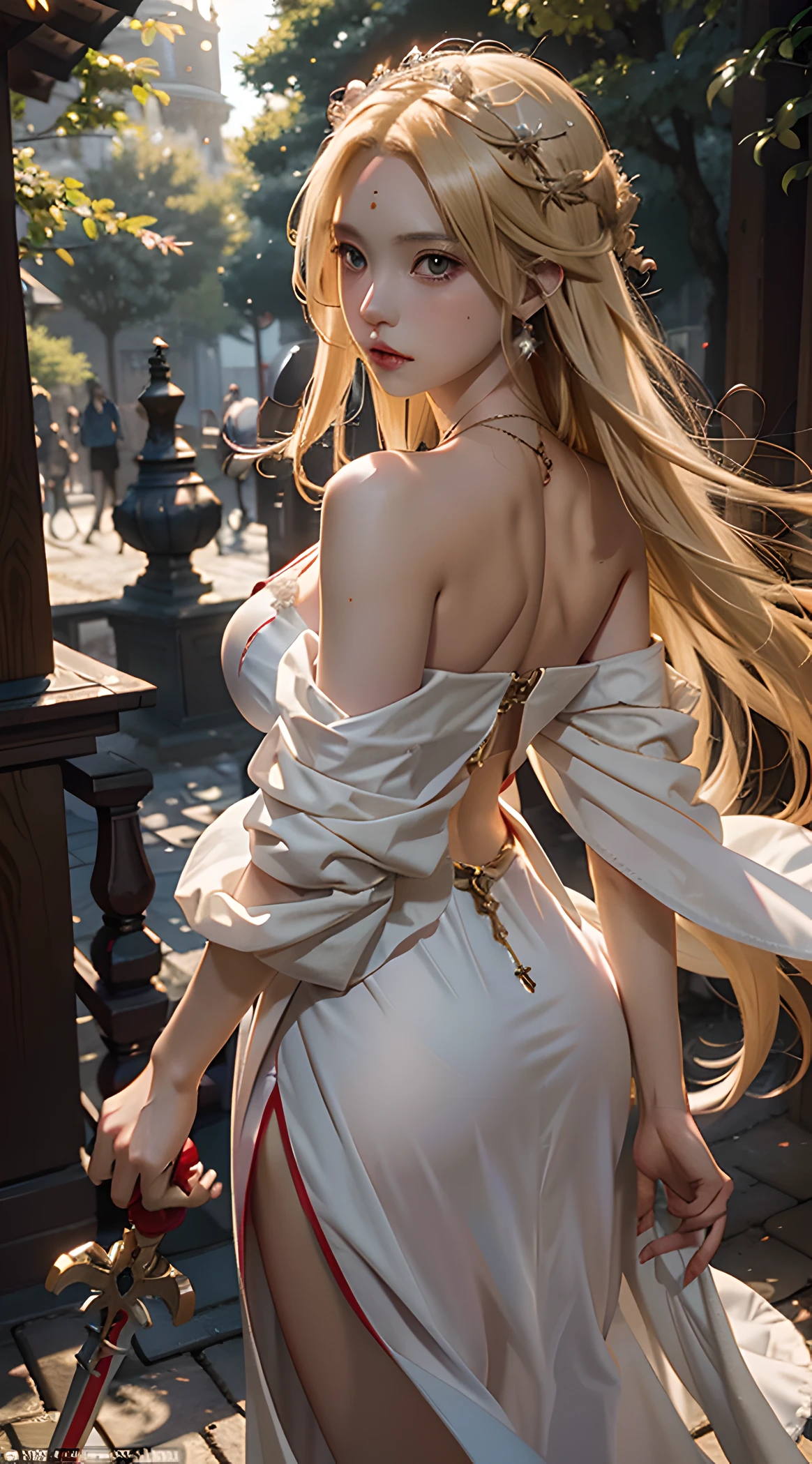 Anime girl in white dress with red cloak and sword, anime style like fate/Stay Night, Artorian Pendragon, edelgard fire emblem, blonde anime girl with long hair, edelgard from fire emblem, Detailed key anime art, official artwork, blonde - haired princess, a sexy maid in a magical forest, cushart krenz key art feminine, Top quality, masterpiece, ultra high definition, (Reality: 1.4), Original photo, 1Girl, brown eyes, off-shoulder, cinematic lighting, big, dark eyeliner, brown hair, wind, necklace, piercing, bangles, abs, buckshot, back,