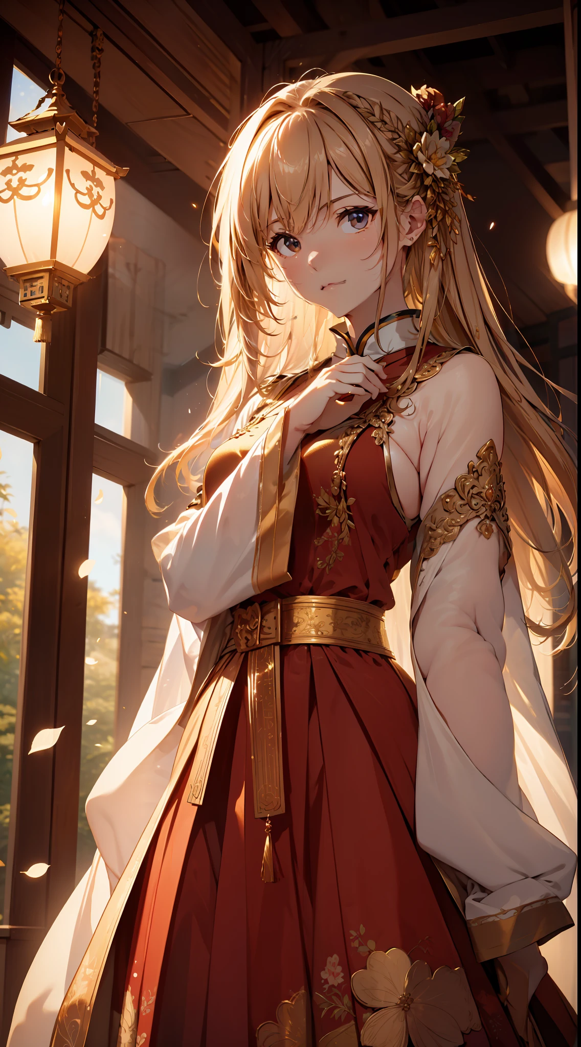 best quality, masterpiece, highres, (exquisite body:1.5),gorgeous face,(milky skin:1.3),intricate details,high resolution,wallpaper,
1girl, solo, dress, hair ornament, (((gold and red dress))), flowers, long hair, brown hair, closed mouth, jewelry, long sleeves, hand up, wide sleeves, big eyes,floating hair, chinese clothes, hanfu, embroidery, long skirt, natural pose, falling petals, indoor,fanning, lantern,
16K,HDR,highres,depth field,(film grain:1.1),boken,golden hour,(lens flare),vignette,rainbowing,(color grading:1.5)