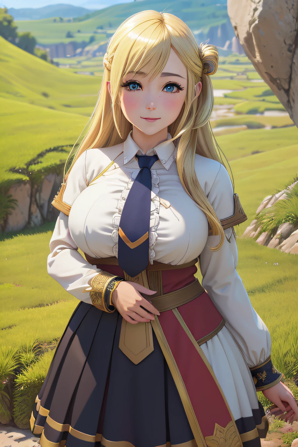 enome  1girl, long hair, breasts, blush, smile, blonde hair, large breasts, necktie, grass (realistic:1.2), (realism), (masterpiece:1.2), (best quality), (ultra detailed), (8k, 4k, intricate),(full-body-shot:1), (85mm),light particles, lighting, (highly detailed:1.2),(detailed face:1.2), (gradients), sfw, colorful,(detailed eyes:1.2)(detailed background),detailed landscape, (dynamic angle:1.2), (dynamic pose:1.2), (rule of third_composition:1.3), (Line of action:1.2)