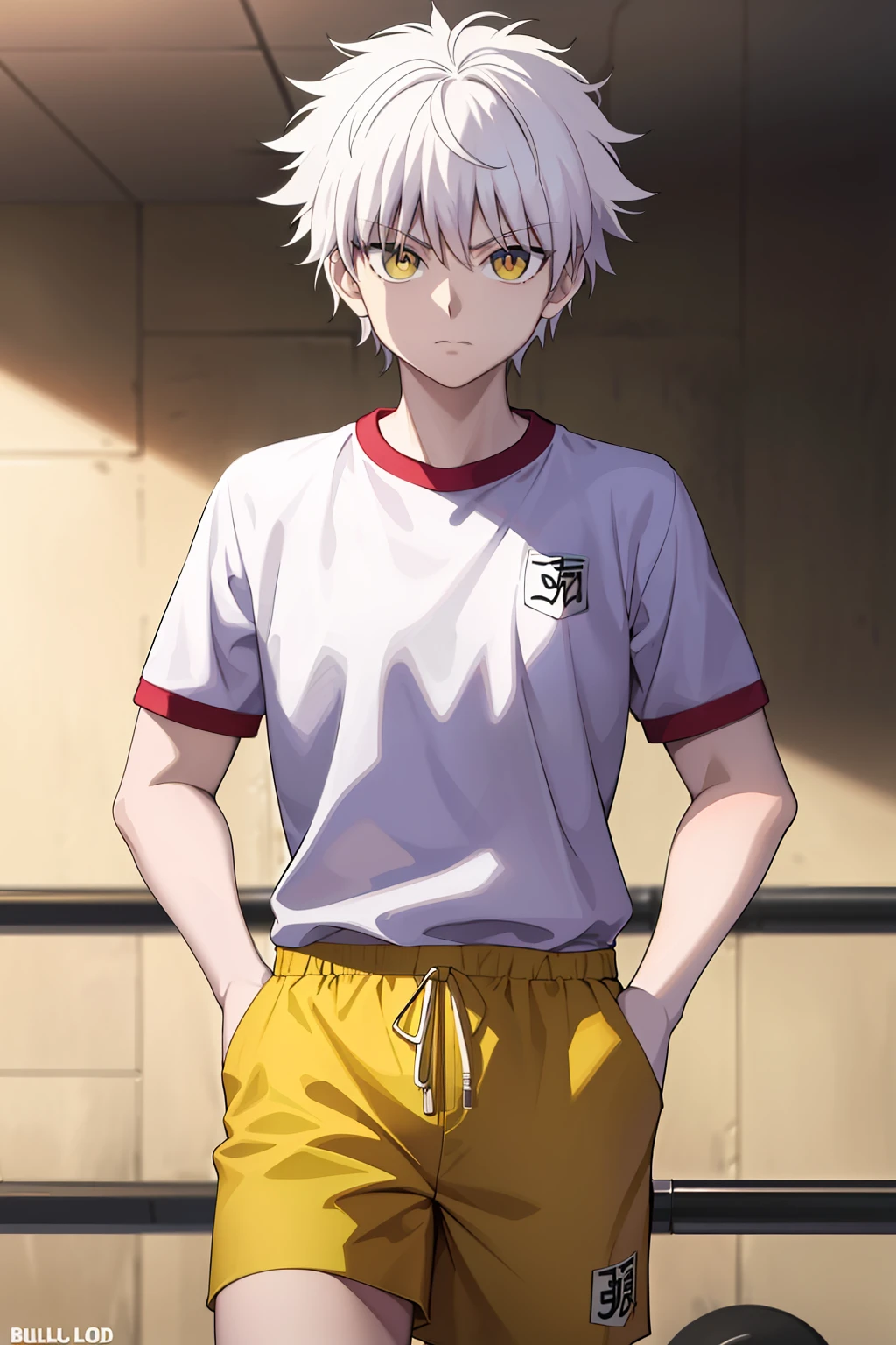 killua_zoldyck,
Quality: highres, top quality, stunning art, detailed
Character details: 1boy, male focus, solo, wide-eyed, constricted pupils
Clothing 3: white shirt, gym uniform, gym shirt, short sleeves, gym yellow shorts, pain white shirt, no logo
Situation: 
Location: home muji style