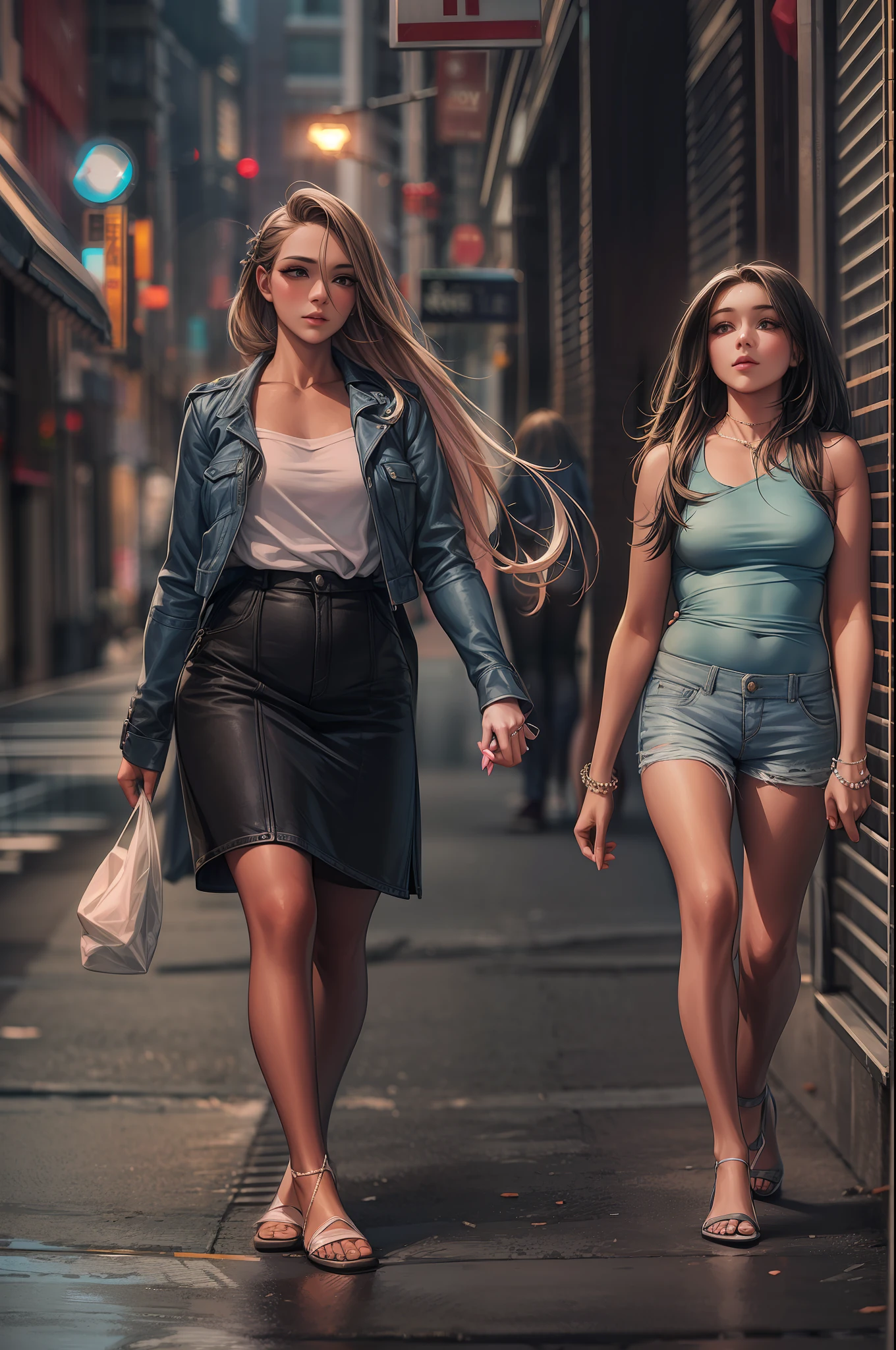 Un plano medio de una bella joven y su hermana aún más impresionante. Los dos están juntos tomados de la mano paseando por una calle de Nueva York un sábado por la noche de camino a áreas.........