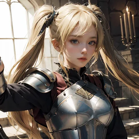 (extremely detailed CG unity 8k wallpaper, ​masterpiece, top quality picture, Delicate and beautiful, Floating feeling, Medieval style armor, Battlefield battle scenes with castles, Two-wielding lolly girl, Blonde twintails)