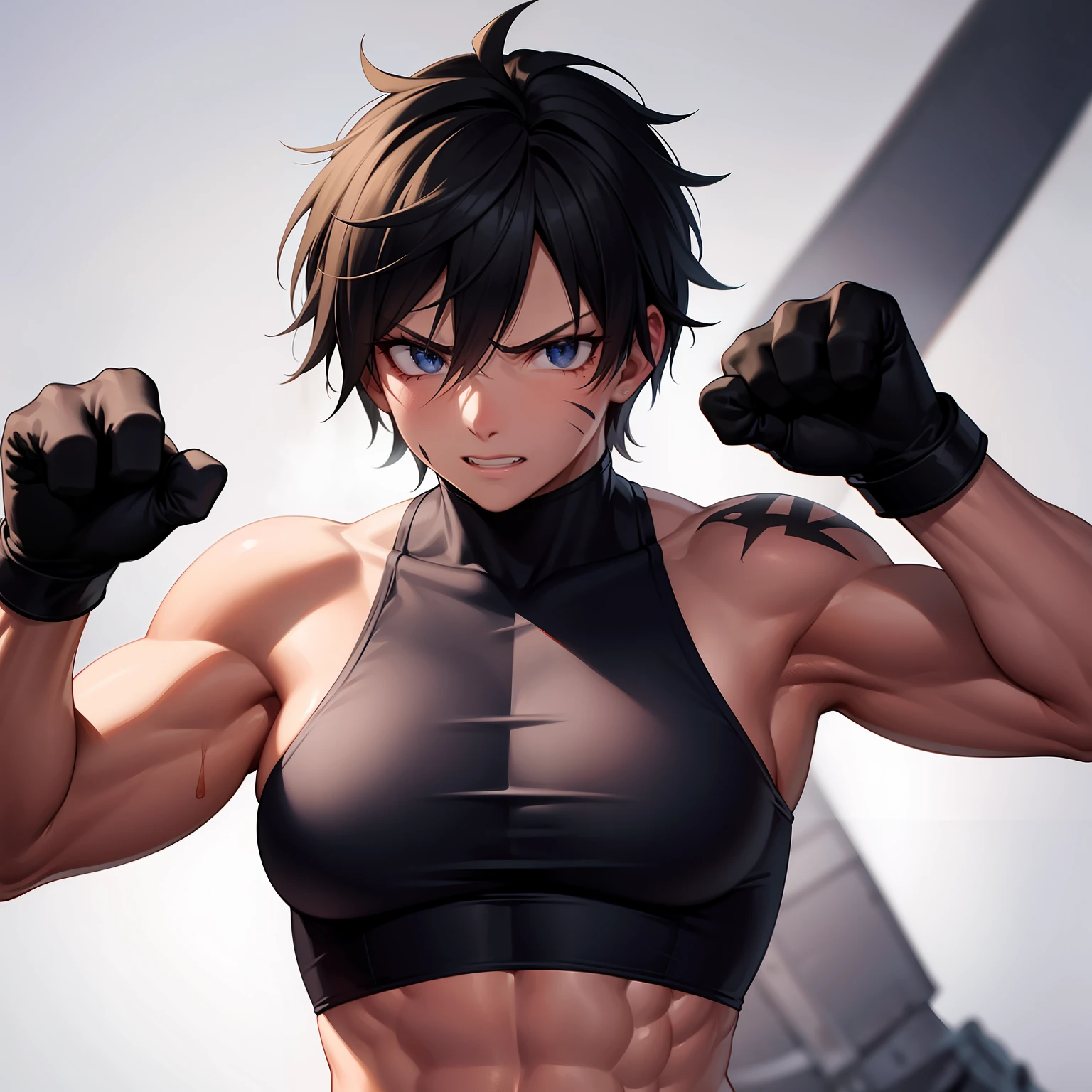 Anime girl with muscular body and black top posing for the camera - SeaArt  AI