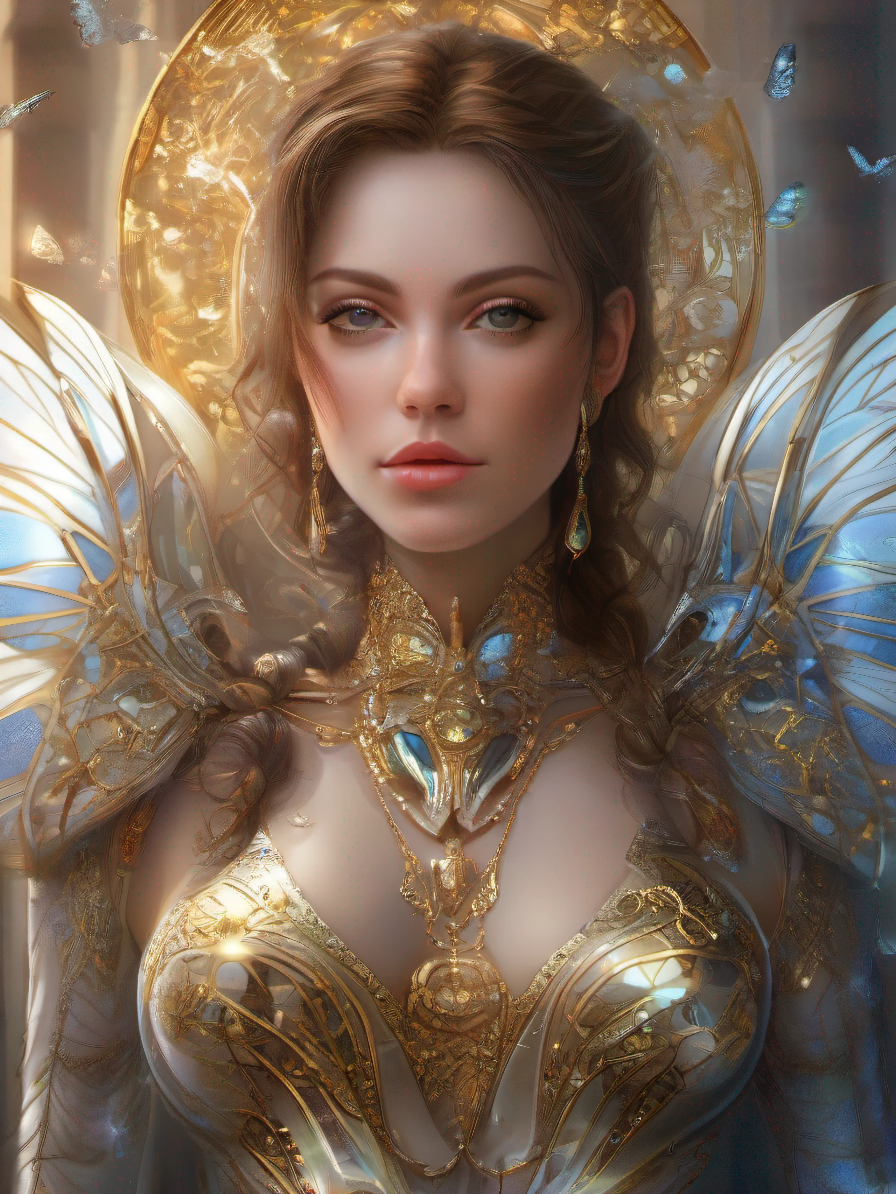 ((masterpiece):1.3),((best quality):1.3), (highres:1.1), ((realistic image ultra-detailed):1.3) beautiful cyborg with brown hair, intricate, elegant, highly detailed, majestic, digital photography, art by artgerm and ruan jia and greg rutkowski surreal painting gold butterfly filigree, broken glass, (masterpiece, sidelighting, finely detailed beautiful eyes: 1.2), hdr,