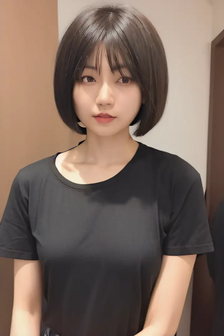 Alafed asian woman with short black hair and black shirt, With short hair, Short hair, bob cuts, 奈良美智, black hime-cut hair, chih...