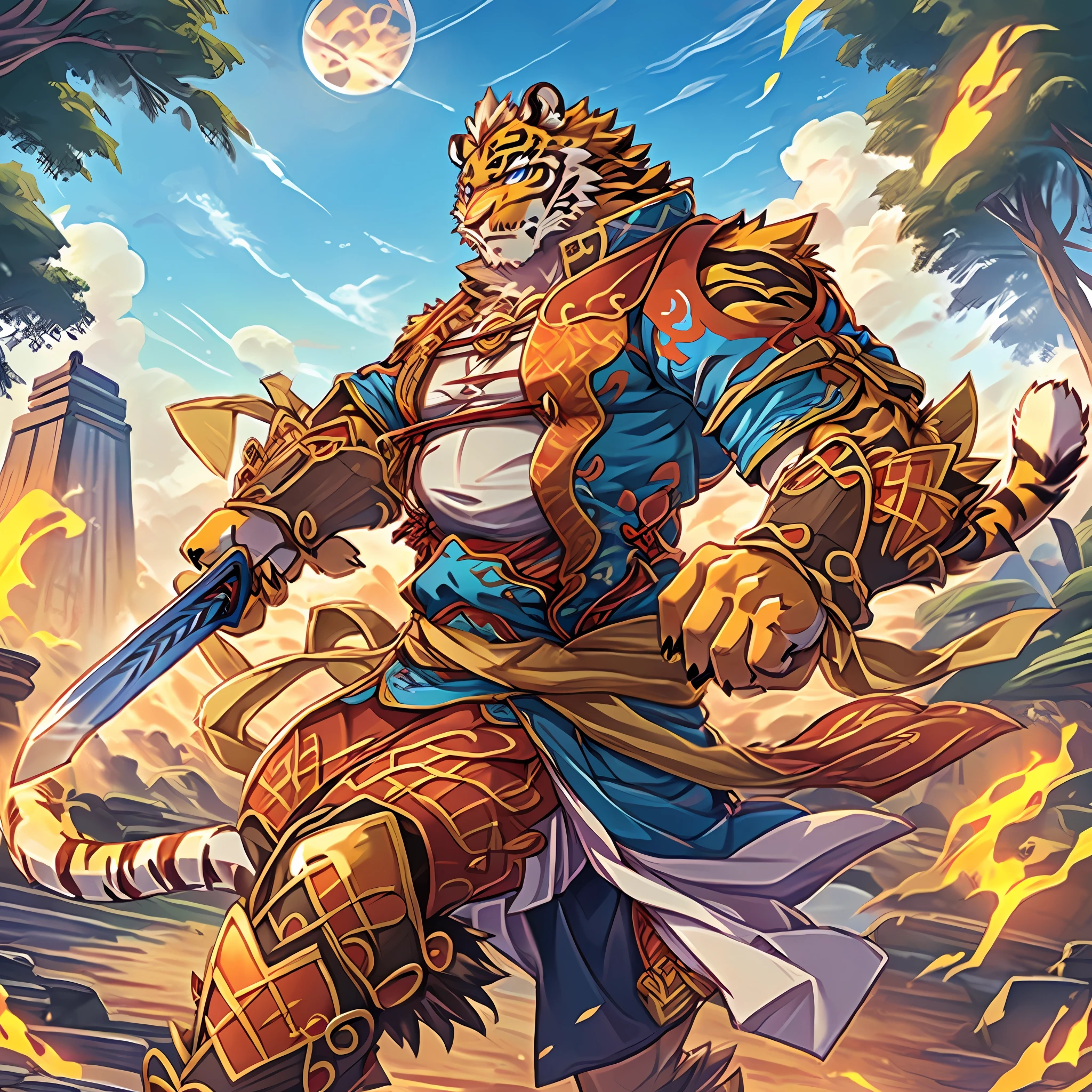 There is a cartoon picture of a tiger with a sword, Anthropomorphic tiger, anthropomorphic samurai bear, Tiger_beast, sacred tiger, commission for high resolution, epic full color illustration, full art illustration, official character illustration, son goku, Akira in Chinese mythology, wearing golden cat armor, naranbaatar ganbold，With a katana，Fat Chubby，potbelly