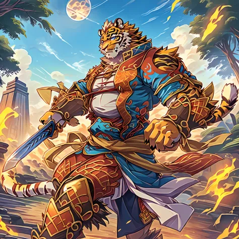 There is a cartoon picture of a tiger with a sword, Anthropomorphic tiger, anthropomorphic samurai bear, Tiger_beast, sacred tig...