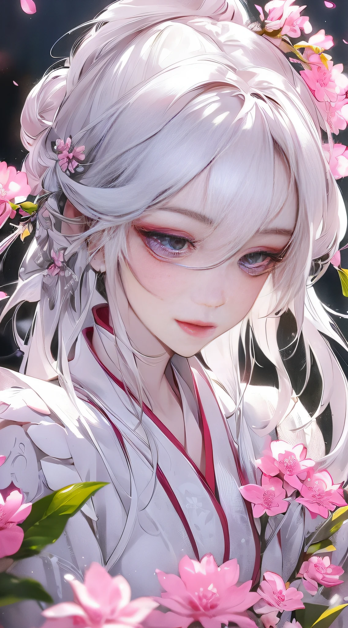 8K, Masterpiece, Best Quality, 1 Girl, Chinese Style, Chinese Architecture, Long Silver White Hair, Light Pink Lips, Clear Eyes, Bangs, Pink Flowers on Head, Flower Background, Petal Dance, Delicate Face, Close Up