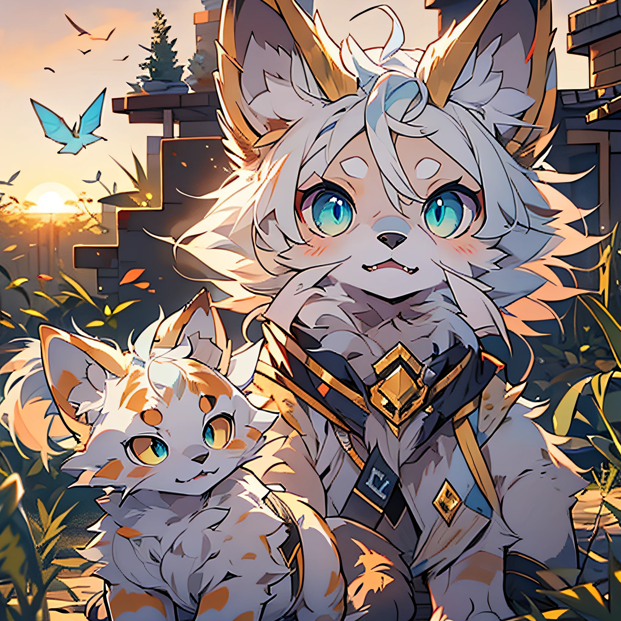 Anime cats in the Minecraft game，Gold and blue eyes，White hair，The ears are blue hairs， very very beautiful furry art。Set against the backdrop of the sunset