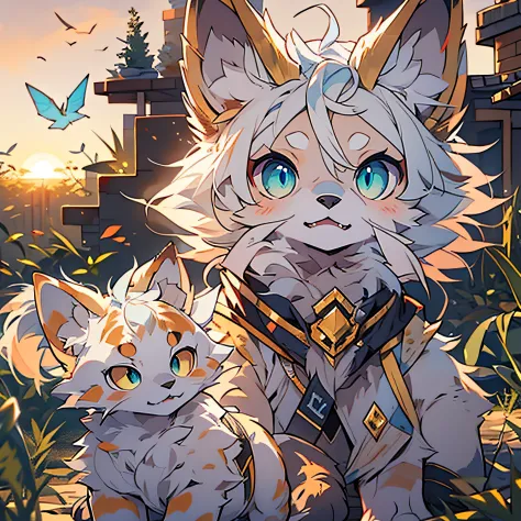 Anime cats in the Minecraft game，Gold and blue eyes，White hair，The ears are blue hairs， very very beautiful furry art。Set agains...