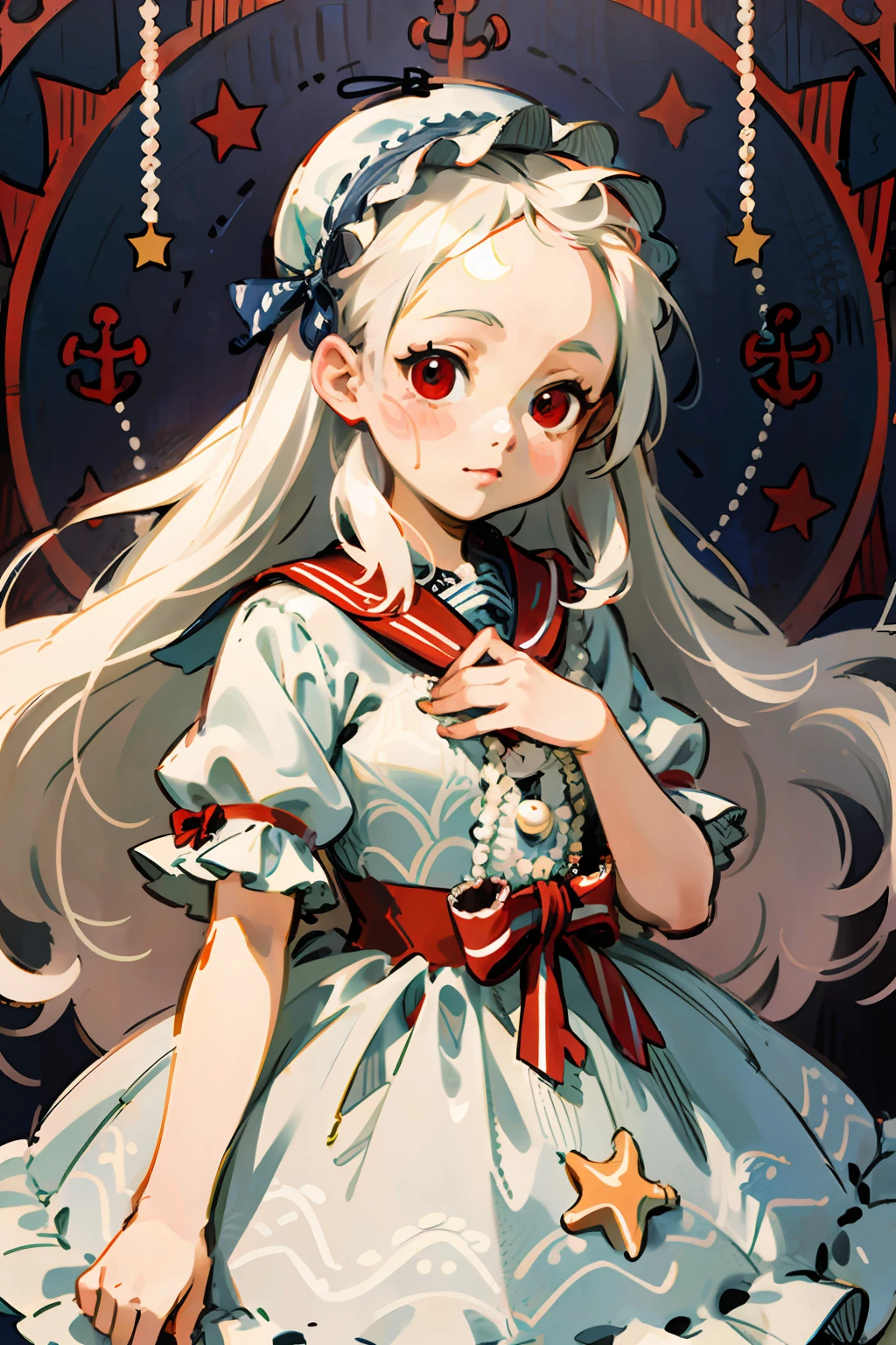 1girl, loli, red eyes, white colored hair, forehead, (straight hair), Long hair, headband, pearls, whitedress, ((Lolita Dress)), ((Nautical pattern)), tapes, Bows, frilld, Starfish, shells, ((thick outlines)), ((white outlines)), (Sketch)