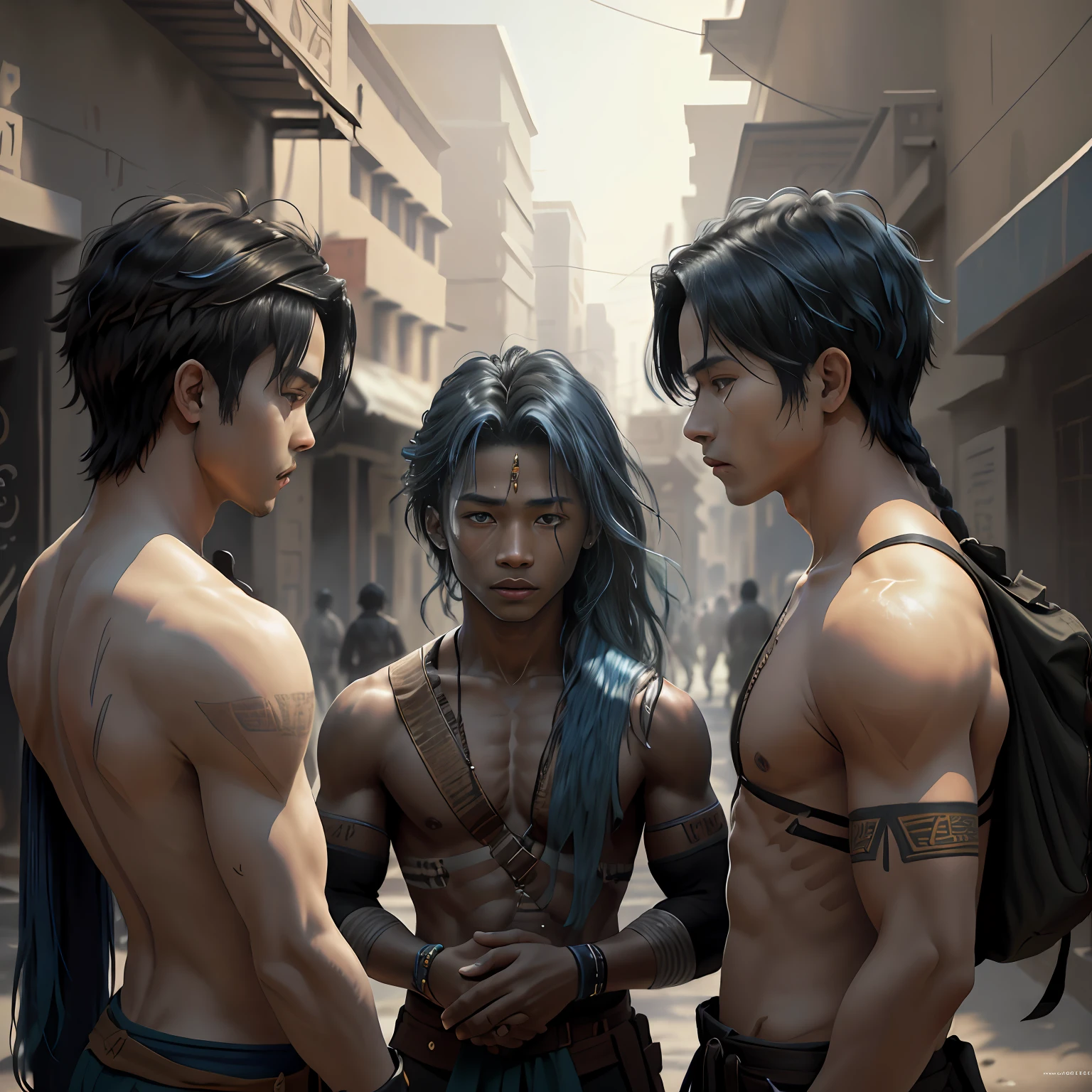 A group of 3 friends of 13 and 14 are formed in position of defense in the years war, They are talking about how to defend themselves from the enemy army when they invade the city 14 years of blue hair, The 14-year-old boy with straight hair with his back uncovered and his chest bare but dressed in typical clothes of ancient Egypt with dark skin walking lost through the different streets of a city is noon. doferentes angulos mira la ciudad desde lo slto de una colina.