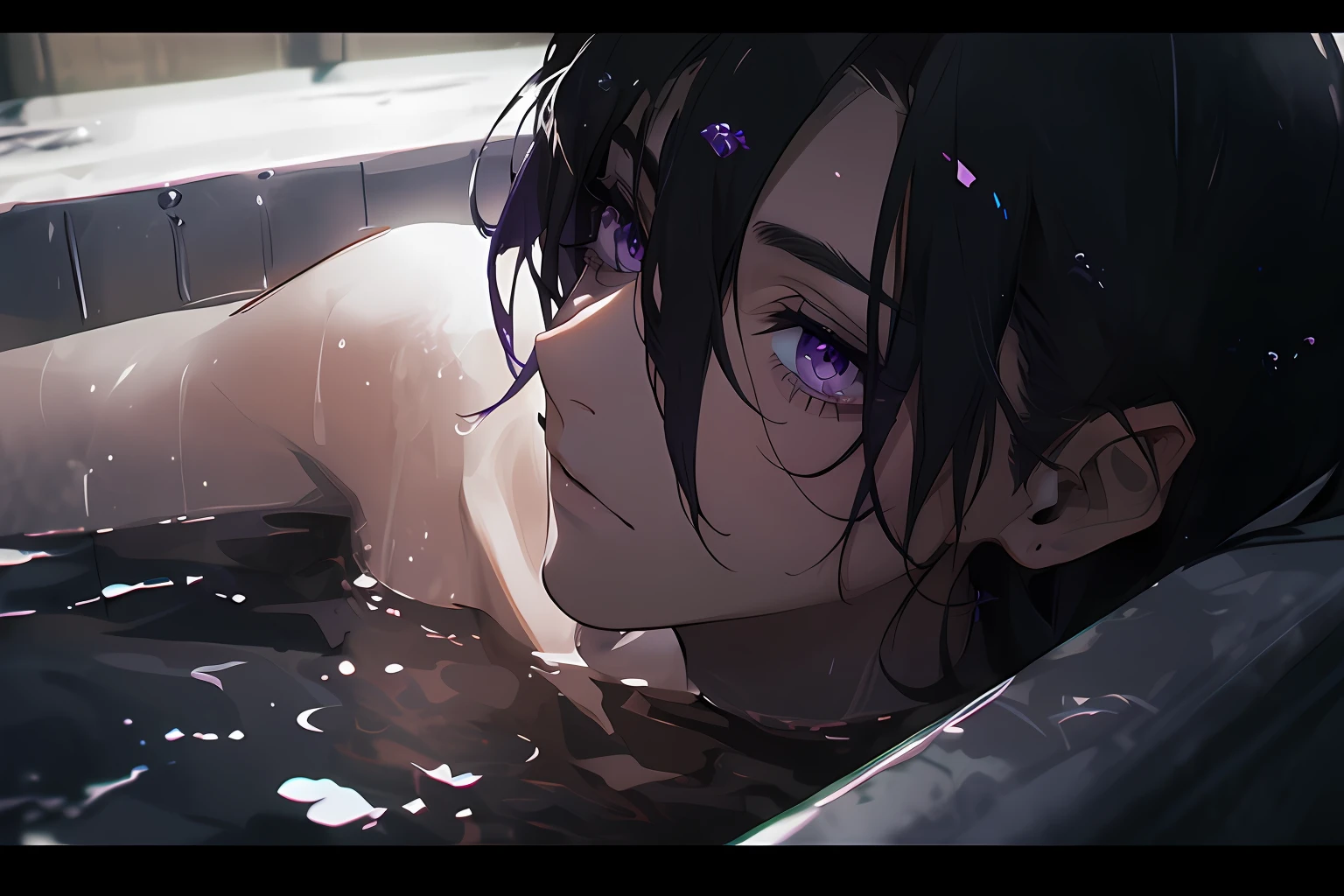 Anime girl in a bathtub with purple eyes and black hair - SeaArt AI