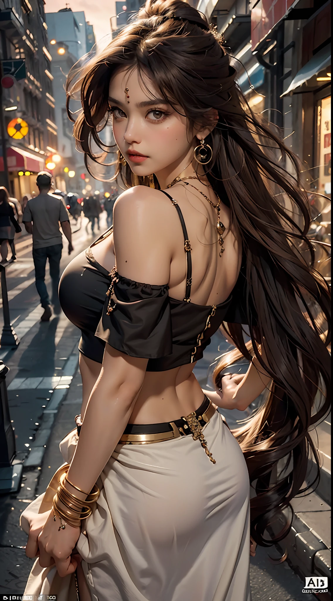 Top quality, masterpiece, ultra high definition, (Reality: 1.4), Original photo, 1Girl, brown eyes, off-shoulder, cinematic lighting, big, dark eyeliner, brown hair, wind, necklace, piercing, bangles, abs, buckshot, back,