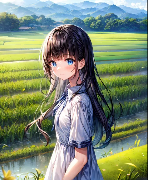 (​masterpiece、top-quality)、1girl in、Long、blunt bangs、Dark hair、happiness、Dark-blue eyes、Short-sleeved shirt、blue-sky、front-facing view、insight、is standing、cute  face、Ribbons in the hair、rays of sunshine、rice fields、countryside