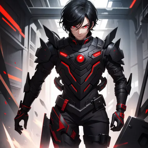 Solo male, black hair, red eyes, black and red armor, black gloves, science fiction, slim