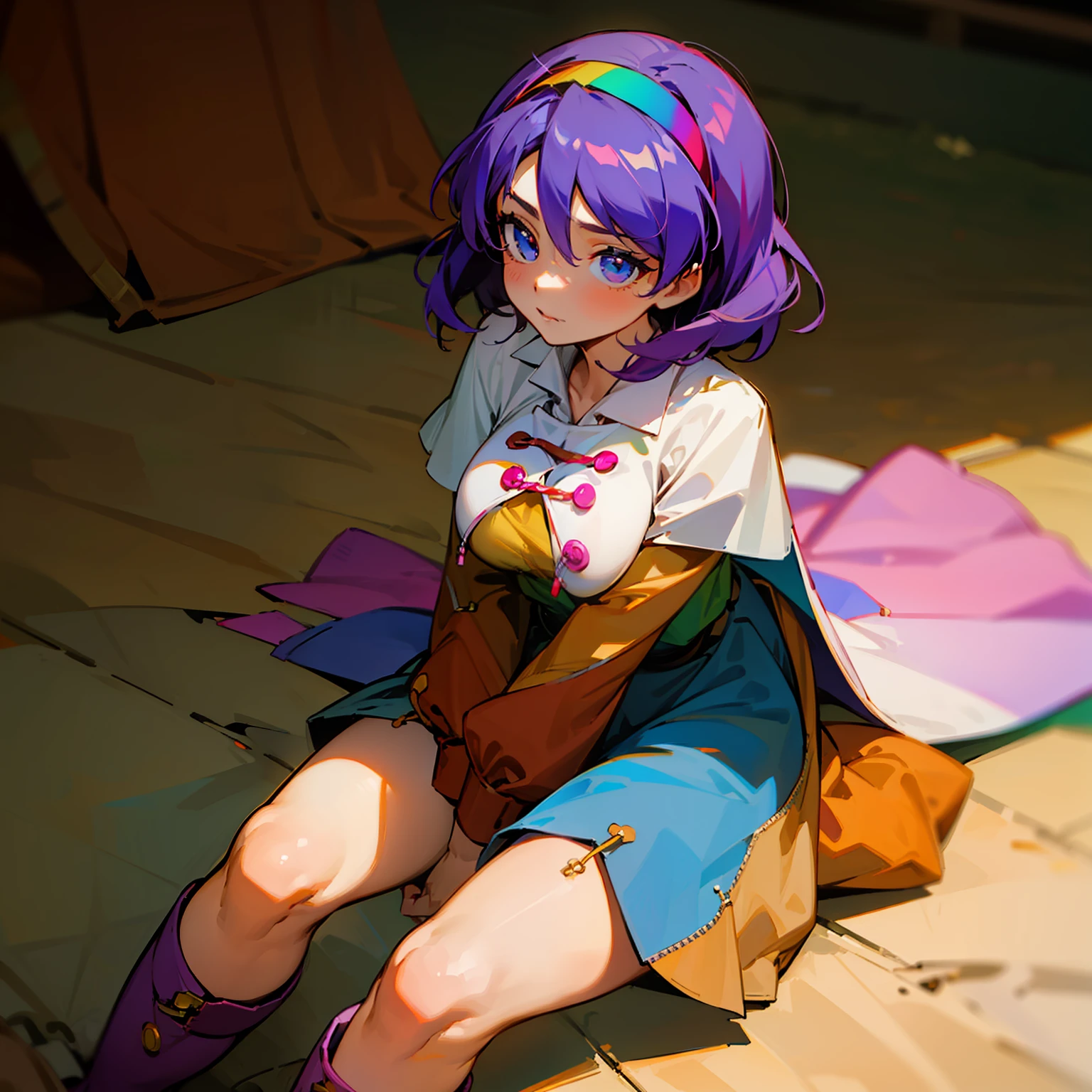 (masterpiece), best quality, perfect face, expressive eyes,w sitting, legs on the ground, sitting on ground, w sitting on ground, arms between legs, both arms between legs, big breast,good breast,pink boots,brown bag belt,cloud print,cape,zipper lines (clothes),Tenkyuu Chimata,multicolored hairband,multicolored dress