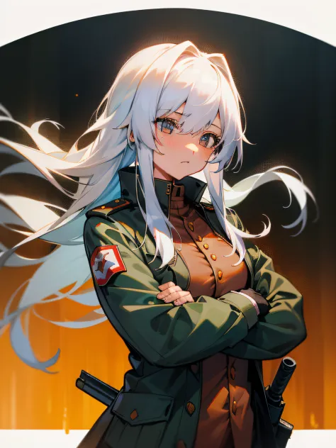 1girll，binh，bulletproof jacket，long leather boots，long whitr hair，white hair， mitts， guns， military， rifles， 独奏， upper_body，solo...