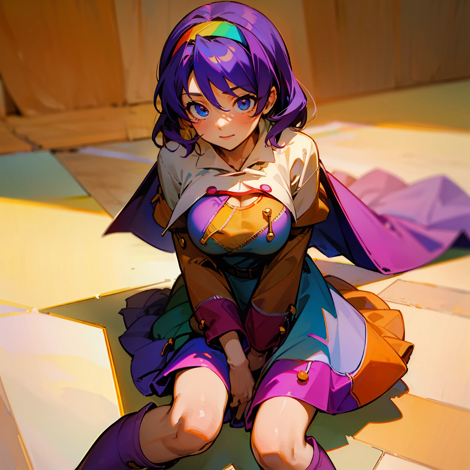 (masterpiece), best quality, perfect face, expressive eyes,w sitting, legs on the ground, sitting on ground, w sitting on ground, arms between legs, both arms between legs, big breast,good breast,pink boots,brown bag belt,cloud print,cape,zipper lines (clothes),Tenkyuu Chimata,multicolored hairband,multicolored dress