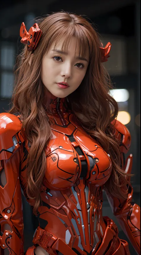 A beautiful Japanese actress,wearing a EVA 03-style Red and orange latex coat,Role playing Asuka Langley Soryu,full-body cosplay...