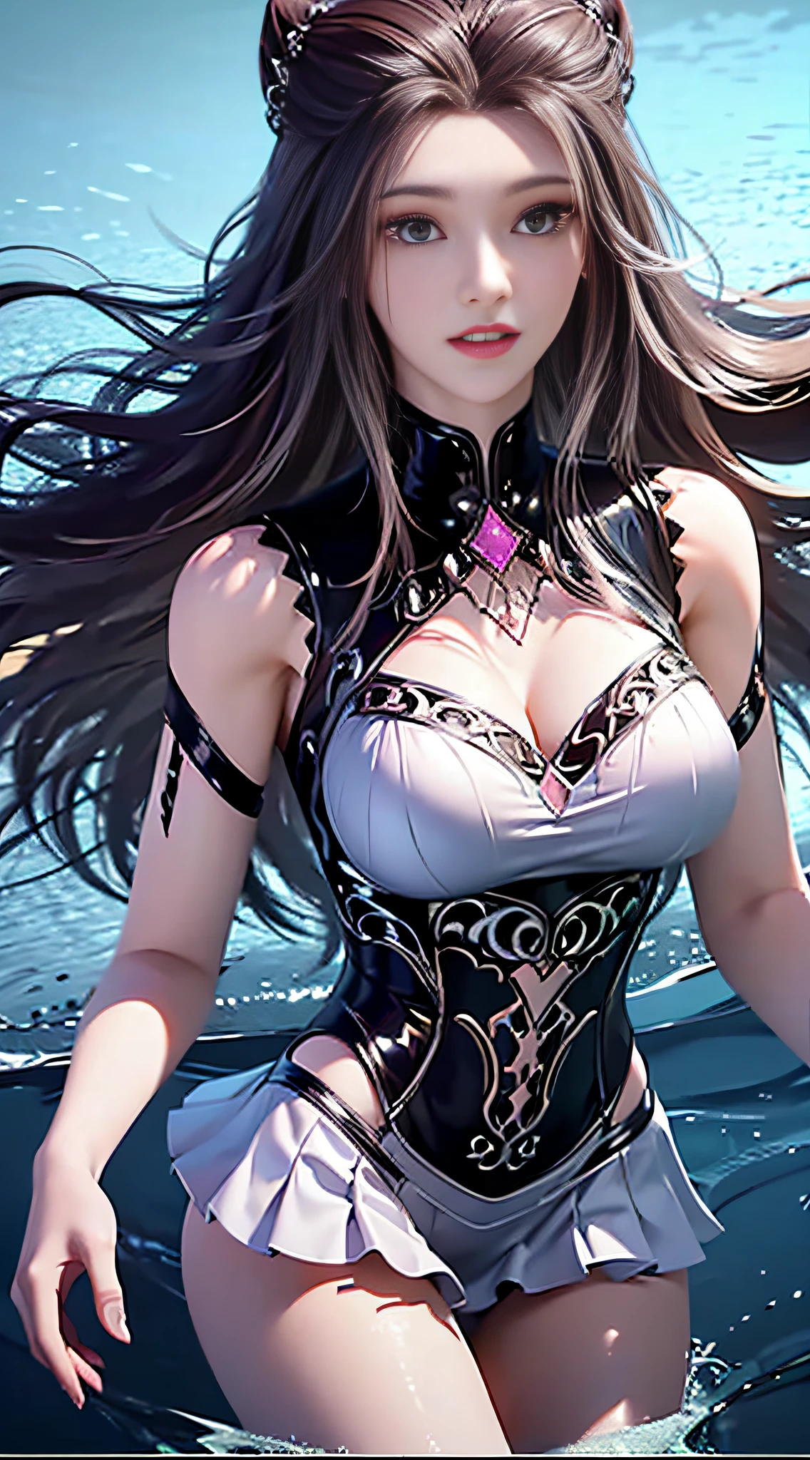（（Dark light，top-quality，8K，tmasterpiece：1.3）），（In China，Casual theme，exteriors：1.5），stood in the water，（Beauty with slender abs：1.4），（（Layered Hair Style）），（（White color blouse：1.6）），（（Short white lace skirt：1.3）），mediating， Highly Detailed Face and Skin Textur， Whitens the skin，water elemental，ice element，Perfect body proportion，Epic composition，