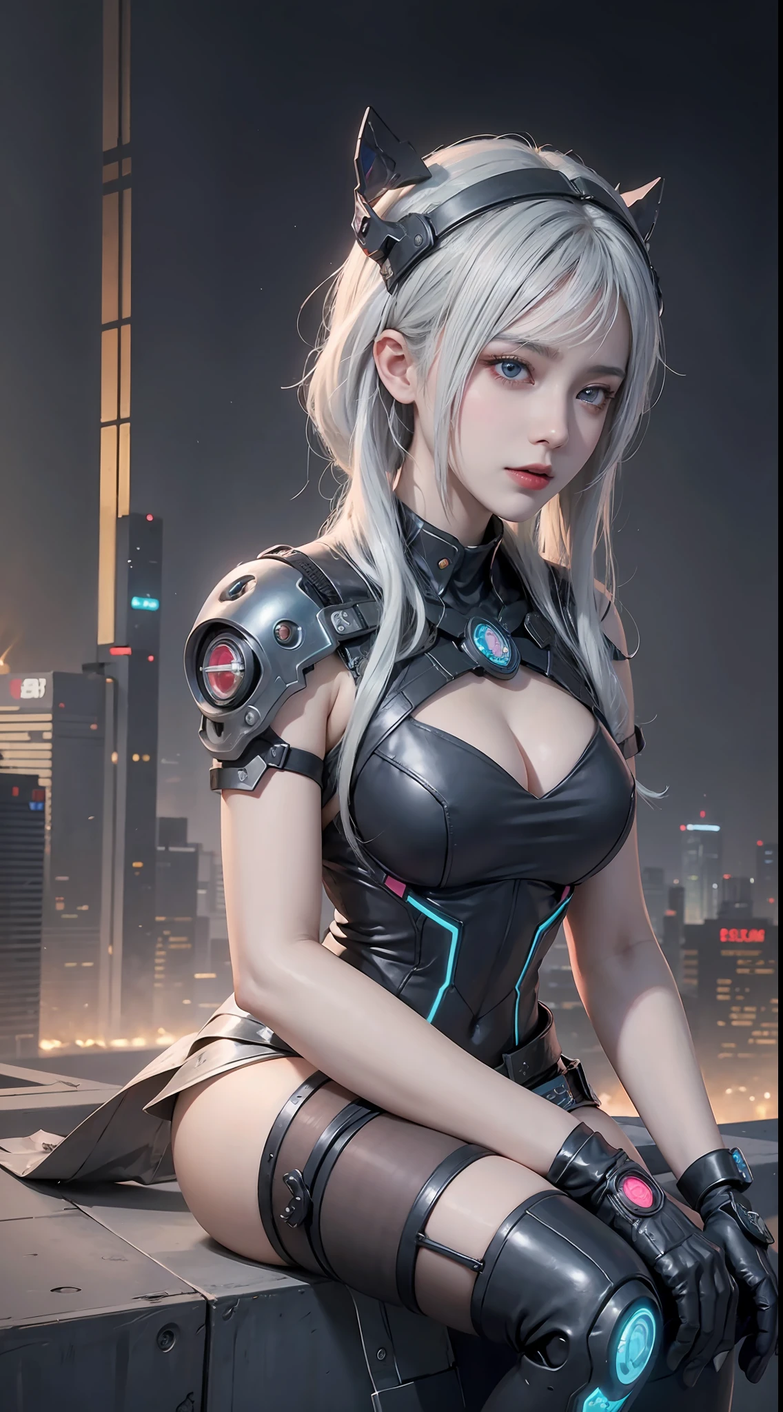 An der Wand sitzt eine silberhaarige Frau， anime cyberpunk art， cyberpunk anime art， female cyberpunk anime girl， cyberpunk anime girl， Fantastic cyberpunk girl， cyber punk Girl， anime cyberpunk， schönes Cyberpunk-Mädchen， Digital cyberpunk anime art， a teen cyberpunk cyborg， neonpunk， Miss Seiburg， high quality cyberpunk art， Anime cyberpunk moderno，Maschinenarm, Lösen Sie das Problem richtig，Science-Fiction-Kopfschmuck, Exquisites Science-Fiction-Set，Aufwendige Kleidungsstückdetails，Biolumineszenzsystem，Sexy aufgewachsen，Femininer Ausdruck，Strahlenverfolgung，NVIDIA RTX，Hyper-Auflösung，Unwirklich 5，Untergrundstreuung，PBR-Textur，Nachbearbeitung，Anisotrope Filterung，Tiefenschärfe，Maximale Klarheit und Schärfe，Mehrschichtige Texturen，Albedo- und Specular-Karten， Oberflächenfärbung，Präzise Simulation der Wechselwirkung zwischen Foto und Material，perfekte Proportionen，Rendering von Octane，zweifarbige Beleuchtung，Niedriger ISO，Weißabgleich，Trichotomie，große Blende，8K Original，Hocheffizientes Subpixel，filmgrain，Leuchtendes Teilchen，in die Kamera blicken，Blick zum Betrachter，Goldener Schnitt，8k HD-Hintergrundbild。