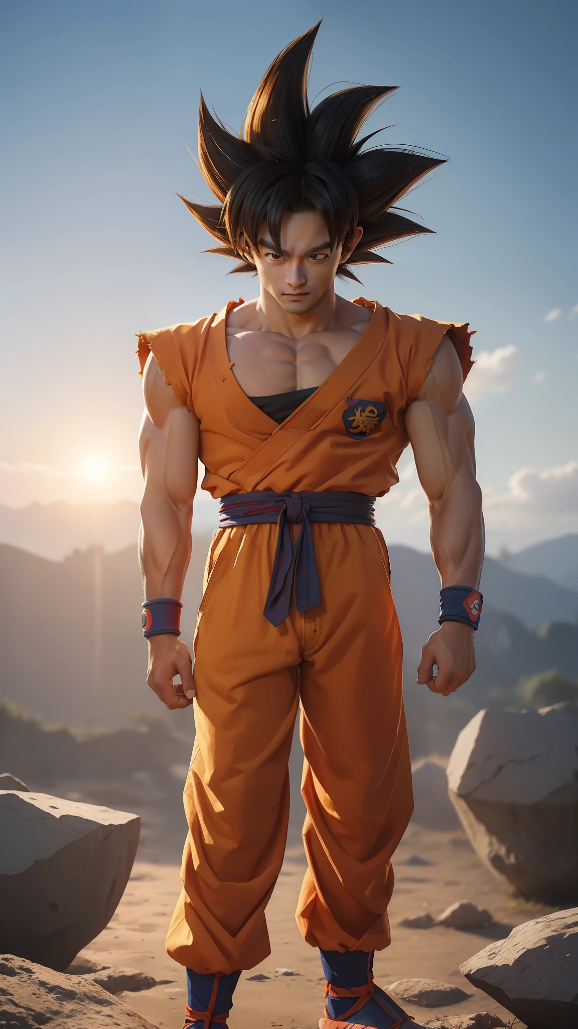 ((masutepiece:1.4, Best Quality)), ((masutepiece, Best Quality,8K)), (photographrealistic:1.4), son_Goku, sun wukong, Man's, 1boy, (Base_form), (dragonball z, Dragon Ball Super ,Goku), (spiked hair: 1.5, wristbands), muscular guy, Chest muscles, young, Cool,  (rock ground, Cracked ground, Earth), Upper body: 1.5, Professional Lighting, Hishikar-based rendering