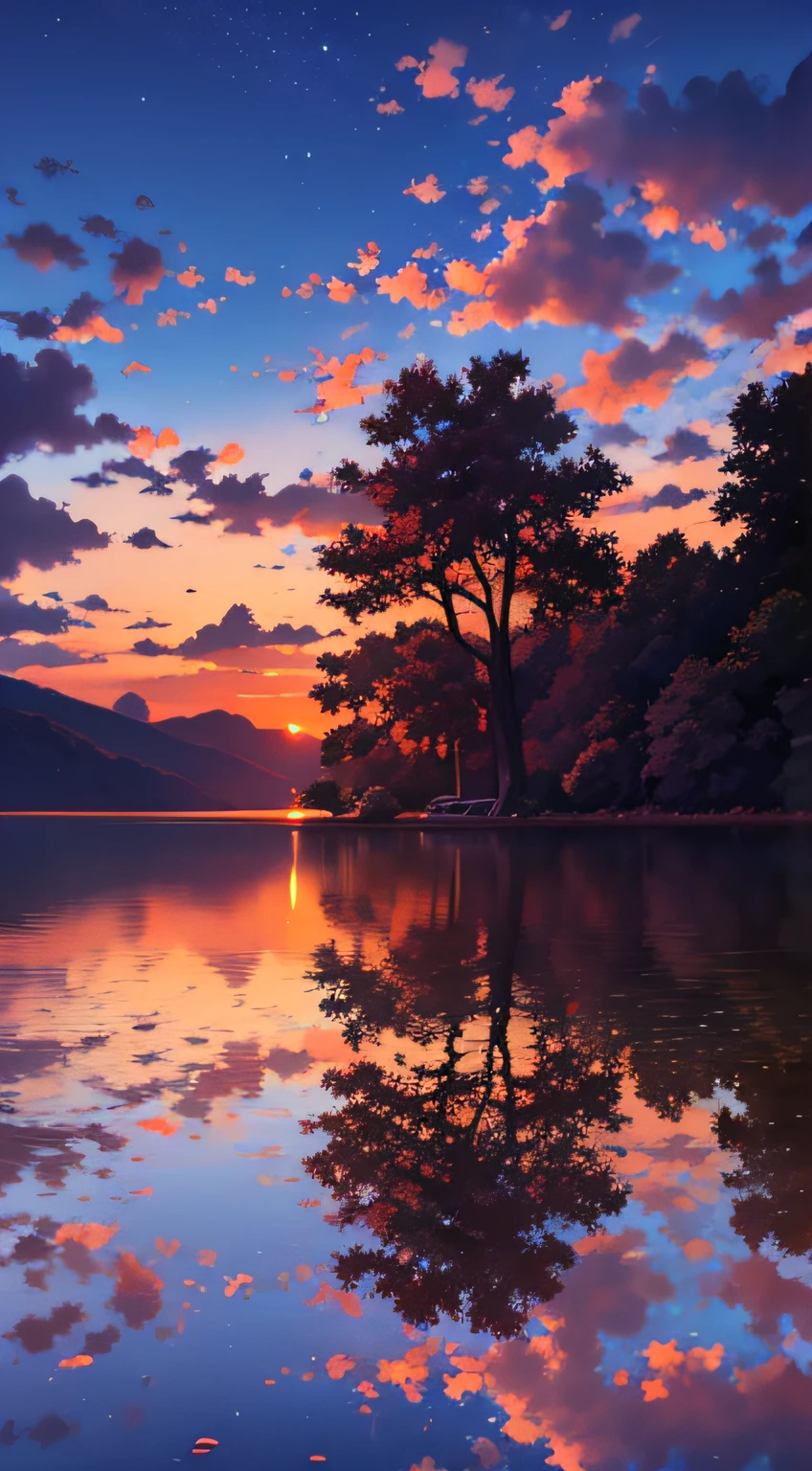 there is a beautiful sunset with a lake and trees in the background, colorful skies, surreal colors, colorful sunset, colorful sky, marvellous reflection of the sky, stunning sky, dream like atmosphere 8k, colorful clouds, colors reflecting on lake, surreal sky, red and blue reflections, fire reflection, beautiful sky, beautiful and spectacular dusk, beautiful dreamy landscape, amazing sky