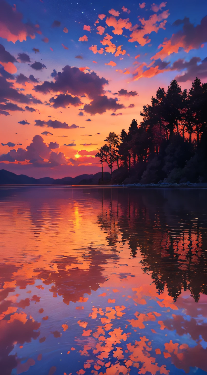 there is a beautiful sunset with a lake and trees in the background, colorful skies, surreal colors, colorful sunset, colorful sky, marvellous reflection of the sky, stunning sky, dream like atmosphere 8k, colorful clouds, colors reflecting on lake, surreal sky, red and blue reflections, fire reflection, beautiful sky, beautiful and spectacular dusk, beautiful dreamy landscape, amazing sky