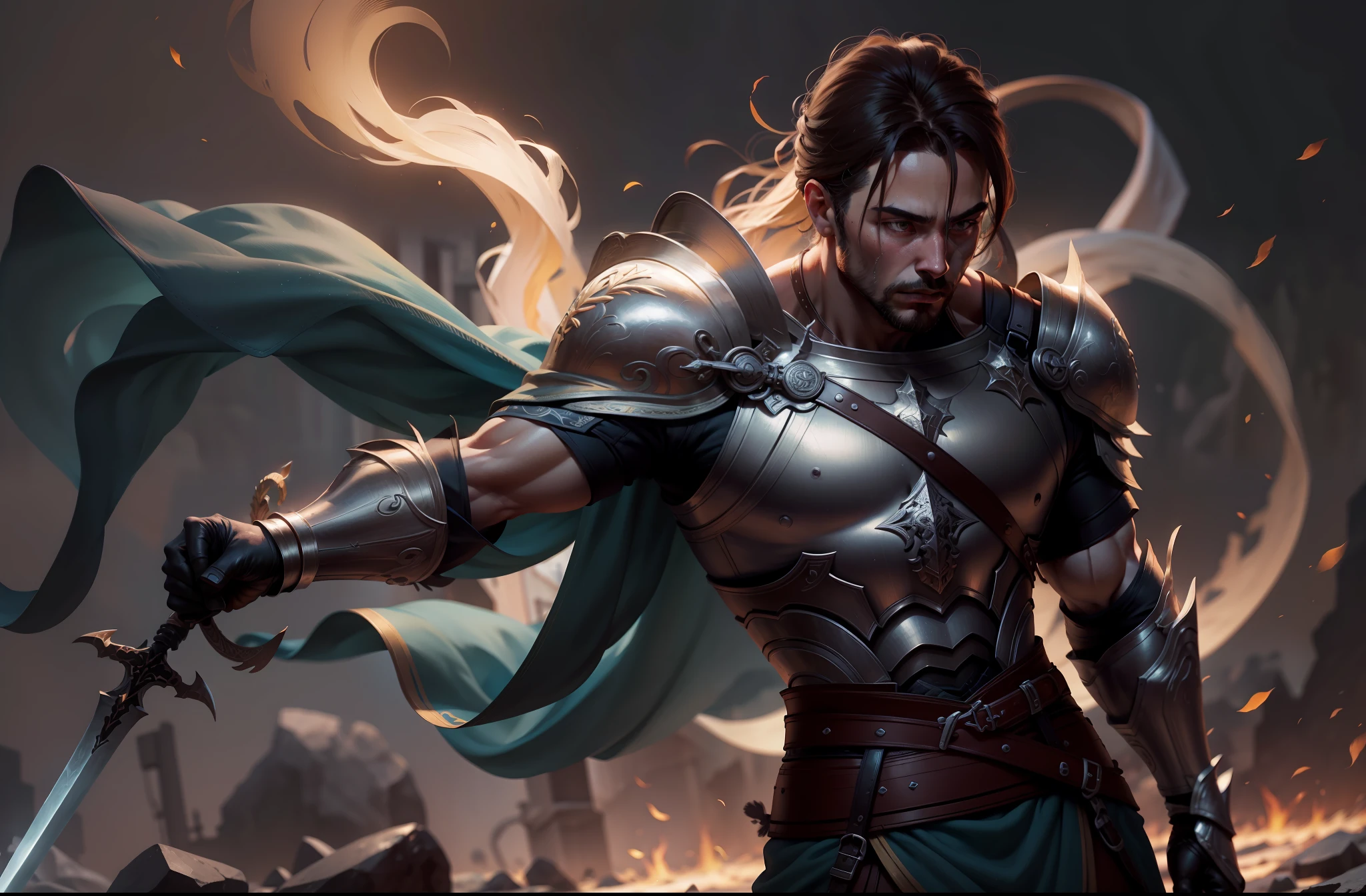 foto ultra realista homem anjo guerreiro, asas douradas, strong muscles, Fire sword in hand, lutando contra outro homem anjo guerreiro, musculos fortes, asas brancas e douradas, sword and fire shield in hand, octane rendering, 16k UHD, high details, super detail, best quality, 8k