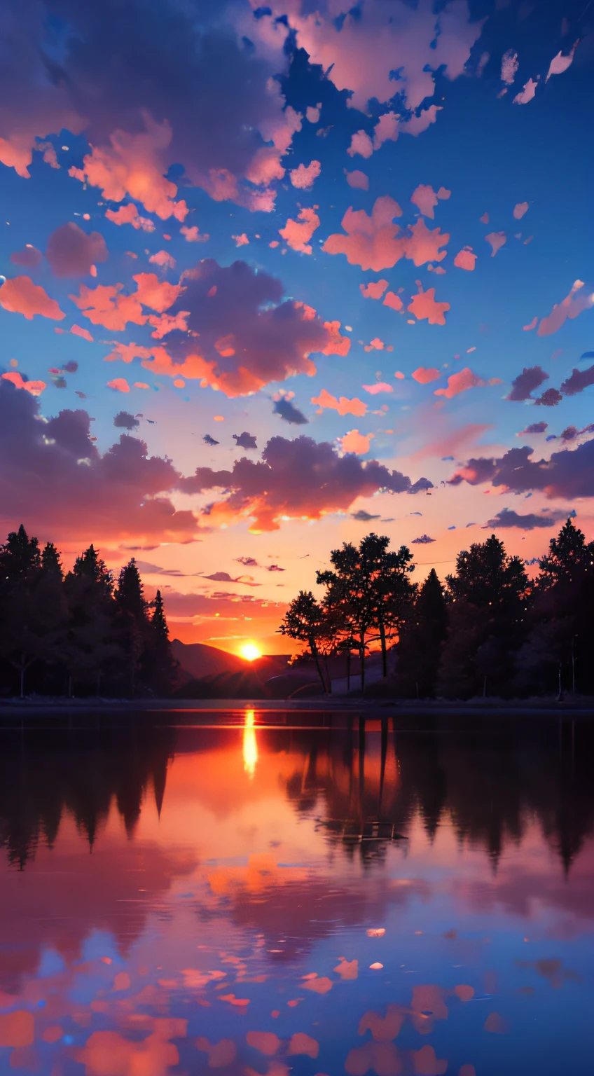 there is a beautiful sunset with a lake and trees in the background, colorful skies, surreal colors, colorful sunset, colorful sky, marvellous reflection of the sky, stunning sky, dream like atmosphere 8k, colorful clouds, colors reflecting on lake, surreal sky, red and blue reflections, fire reflection, beautiful sky, beautiful and spectacular dusk, beautiful dreamy landscape, amazing sky